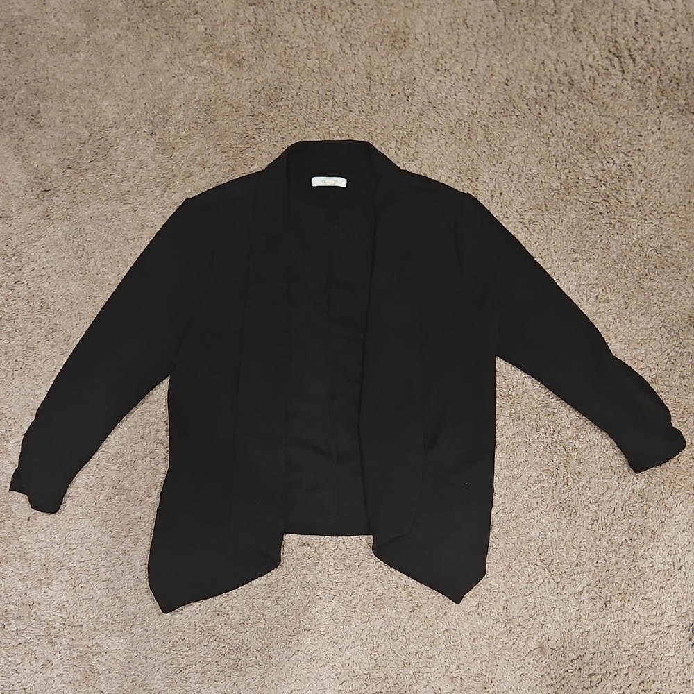 Maurices Ruched 3/4 Sleeve Blazer S Small Black Open Front Asymmetric Drape Knit
